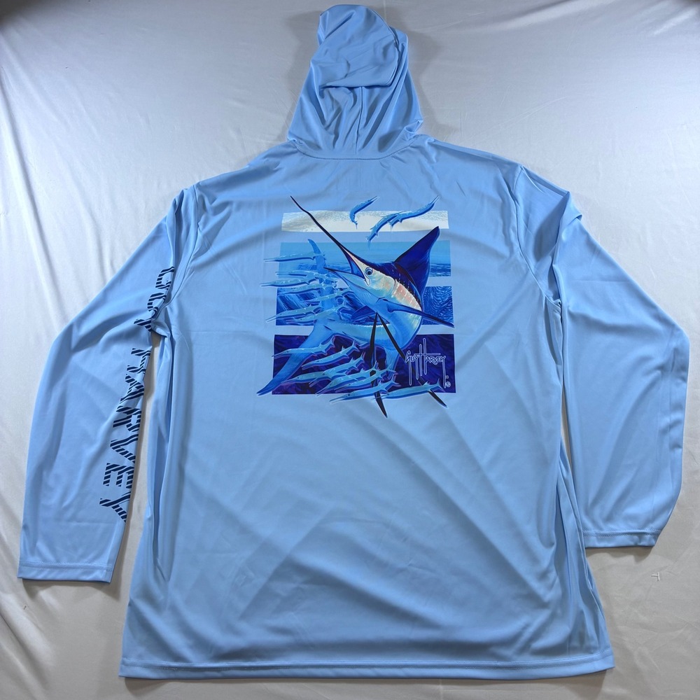 Guy Harvey Mens XXL Blue Marlin Performance Sun Hoodie UPF 50 Fishing Shirt NWT